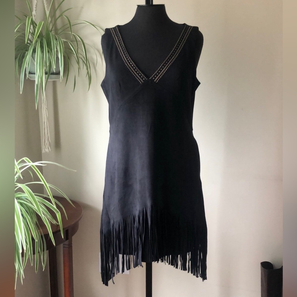 Faux Suede Black Fringe Dress, Excellent Condition